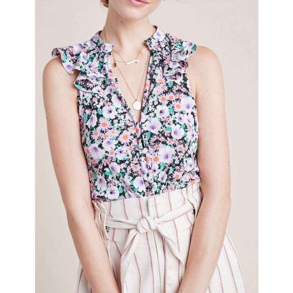 Anthropologie Floral Ruffle Sleeveless Blouse XS Purple Garden Party Cottagecore